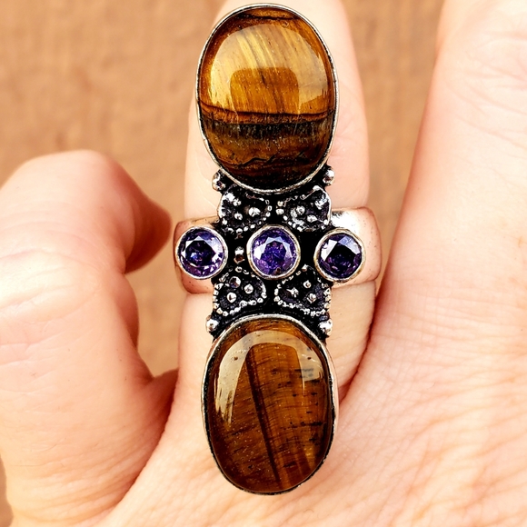 New Stunning Oversized Tiger Eye and Amethyst 925 Silver Statement Ring. - Picture 14 of 16